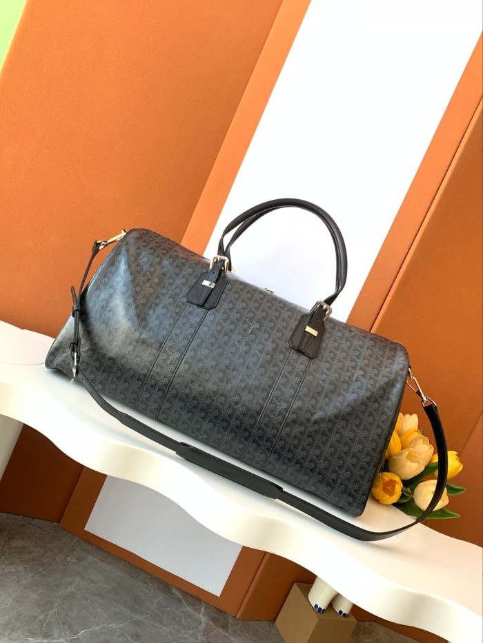 NIGO GOYARD Jet Black Boston Women's Classic Aged Black Large Capacity Canvas Puzzle Leather Tote Travel Bag Bags #nigo74436
