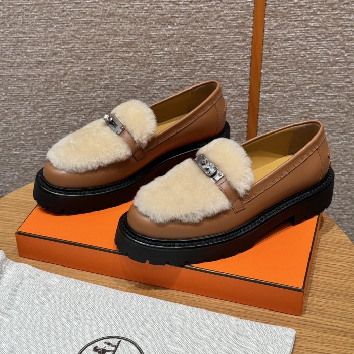 NIGO Hermes Women's Solid Color Cowhide Thick Sole Functional Buckle Loafers Shoes #nigo74463