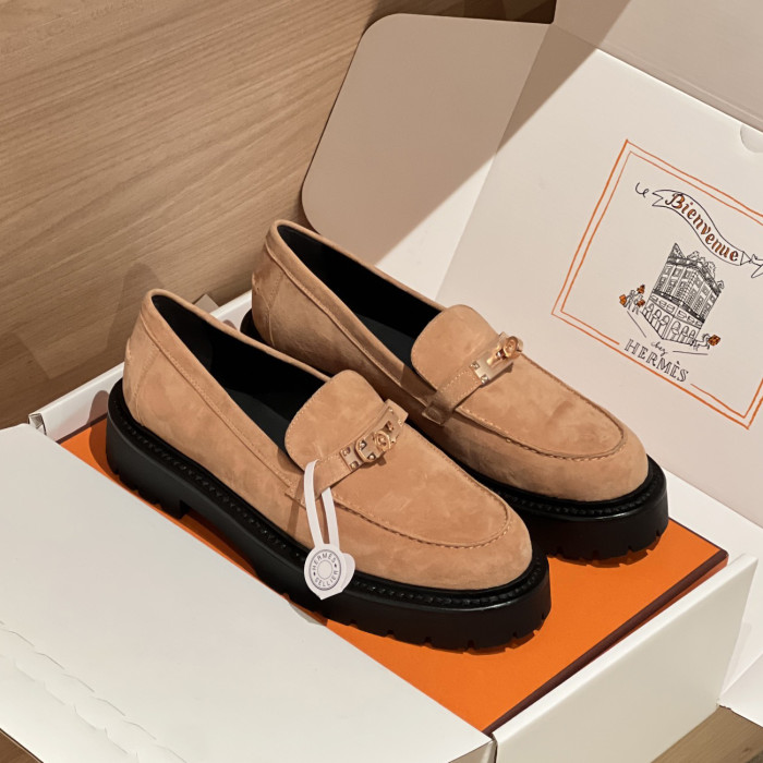 NIGO Hermes Women's Solid Color Suede Leather Round Head Over Toe Thick Bottom Loafers Shoes #nigo74457