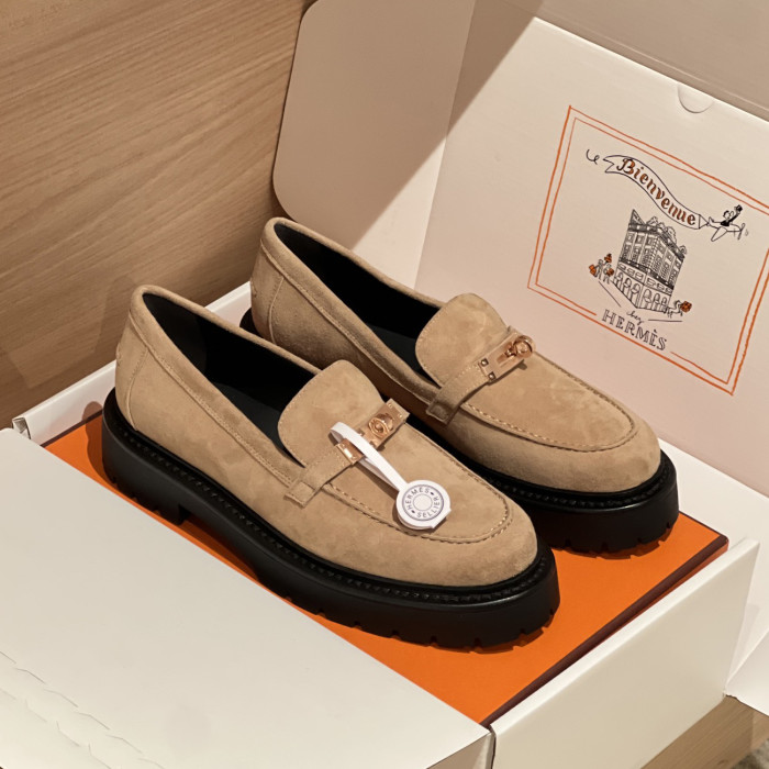 NIGO Hermes Women's Solid Color Suede Leather Round Head Over Toe Thick Bottom Loafers Shoes #nigo74457