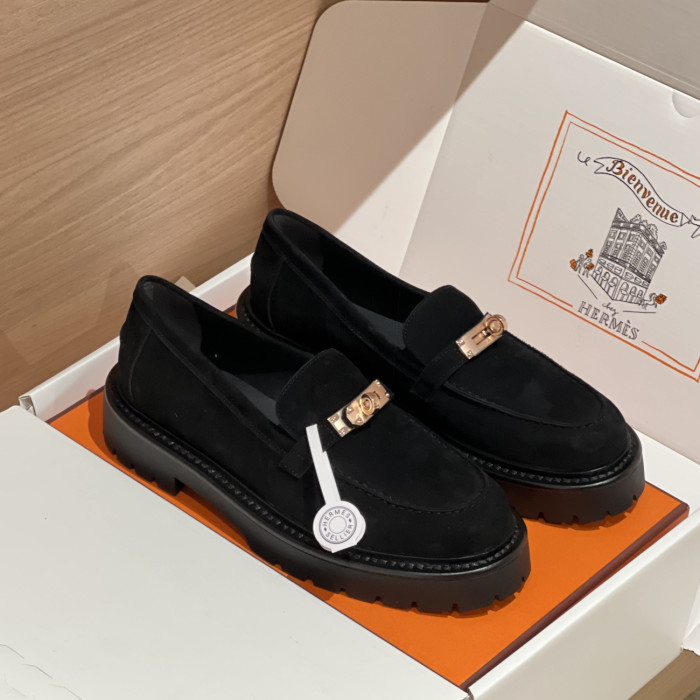 NIGO Hermes Women's Solid Color Suede Leather Round Head Over Toe Thick Bottom Loafers Shoes #nigo74457