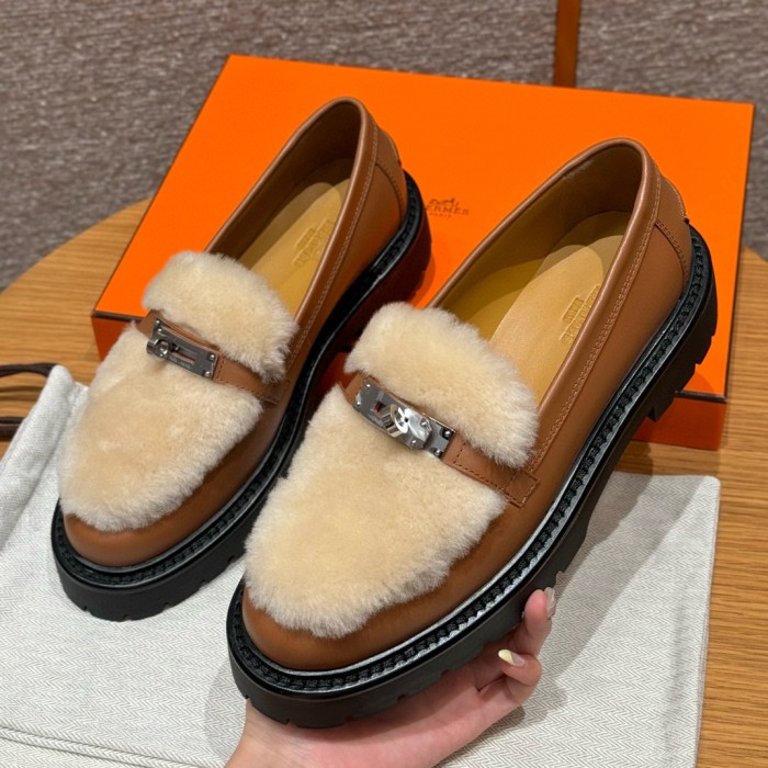 NIGO Hermes Women's Solid Color Cowhide Thick Sole Functional Buckle Loafers Shoes #nigo74463