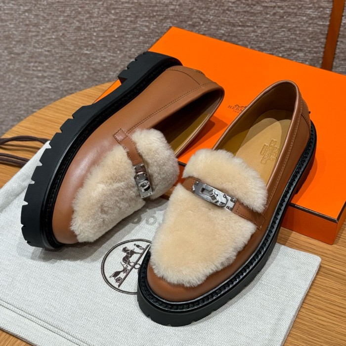 NIGO Hermes Women's Solid Color Cowhide Thick Sole Functional Buckle Loafers Shoes #nigo74463