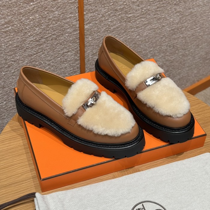 NIGO Hermes Women's Solid Color Cowhide Thick Sole Functional Buckle Loafers Shoes #nigo74463