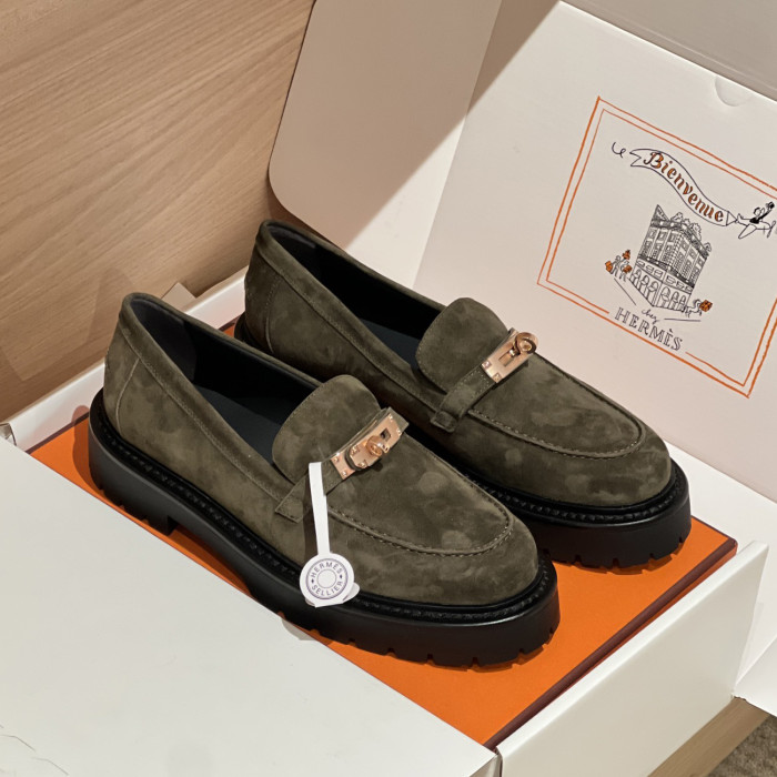 NIGO Hermes Women's Solid Color Suede Leather Round Head Over Toe Thick Bottom Loafers Shoes #nigo74457
