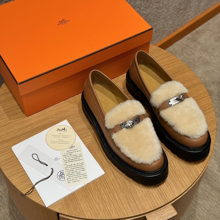 NIGO Hermes Women's Solid Color Cowhide Thick Sole Functional Buckle Loafers Shoes #nigo74463
