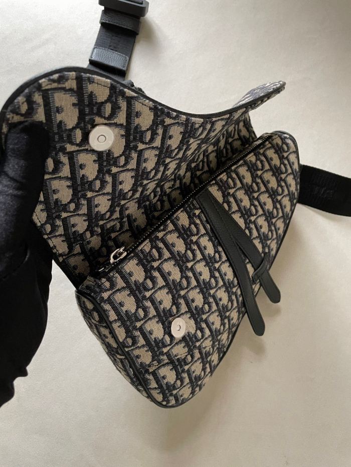 NIGO Dior Men's Black Embossed Pattern Magnetic Flap Leather Quilted Canvas Crossbody Bag Bags #nigo74515