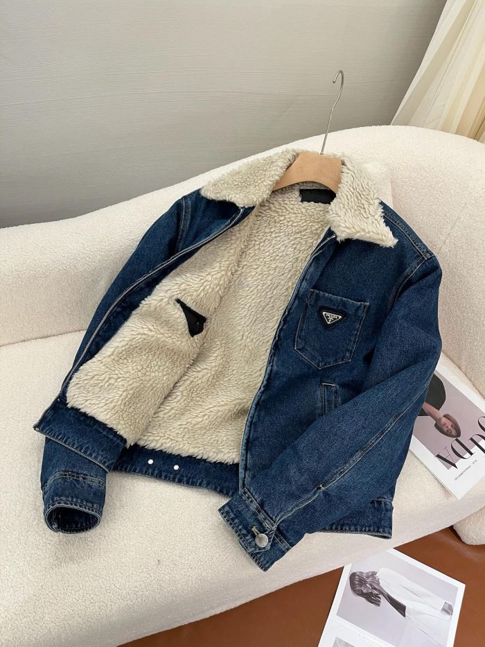 NIGO Prada Men's Autumn and Winter Solid Color Lambswool Lapel Long Sleeve Zipper Denim Jacket #nigo74495