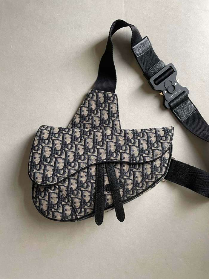 NIGO Dior Men's Black Embossed Pattern Magnetic Flap Leather Quilted Canvas Crossbody Bag Bags #nigo74515