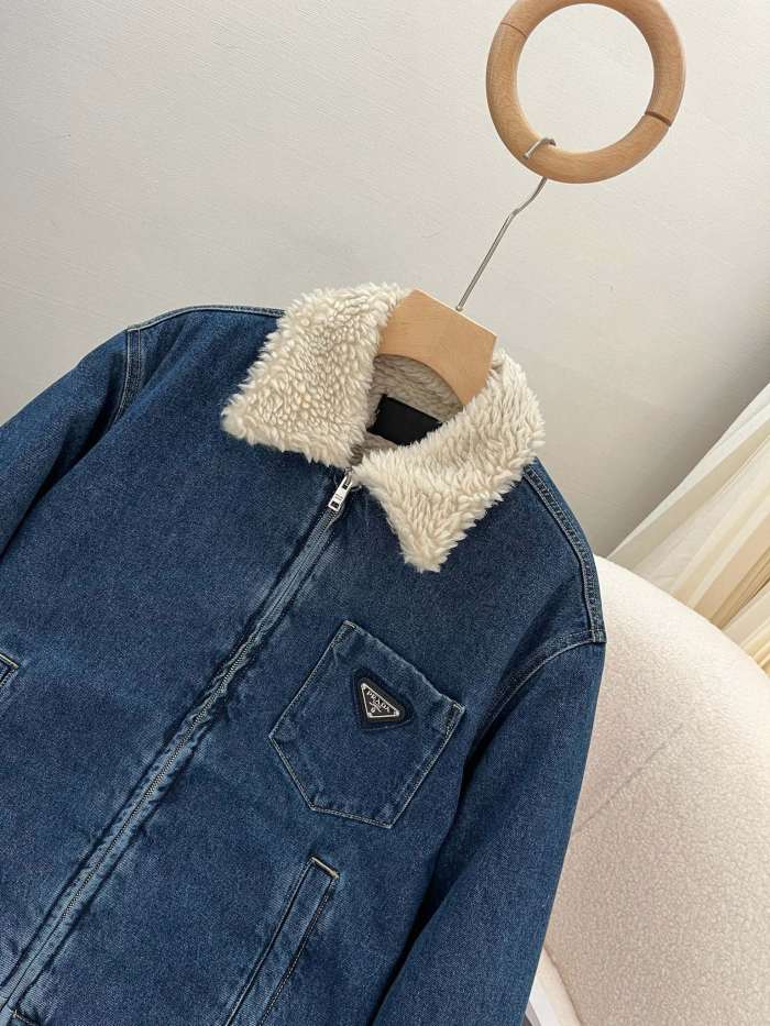NIGO Prada Men's Autumn and Winter Solid Color Lambswool Lapel Long Sleeve Zipper Denim Jacket #nigo74495