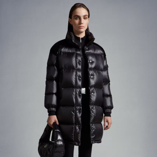 NIGO Moncler Women's Autumn and Winter Solid Color Splicing Fabric Standing Collar Long Zipper Puffer Down Long Sleeve Jacket #nigo74525