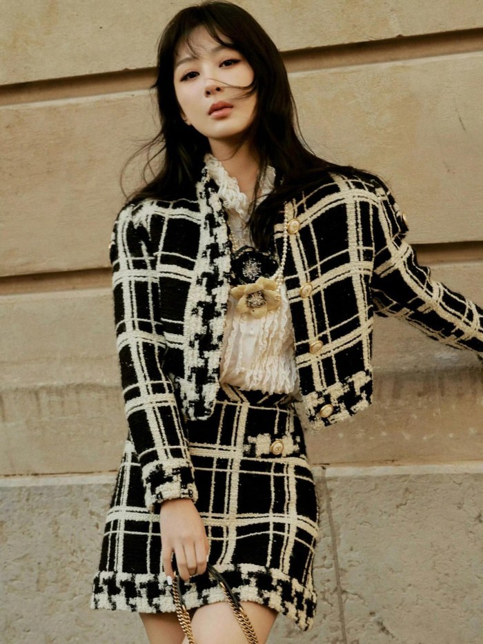 NIGO Valentino Women's Oversized Chequered Tweed Gold Button Jacket Half Spring And Autumn Fashion Wool Kilim Vintage Jacket Short Skirt Suit Set #nigo71792