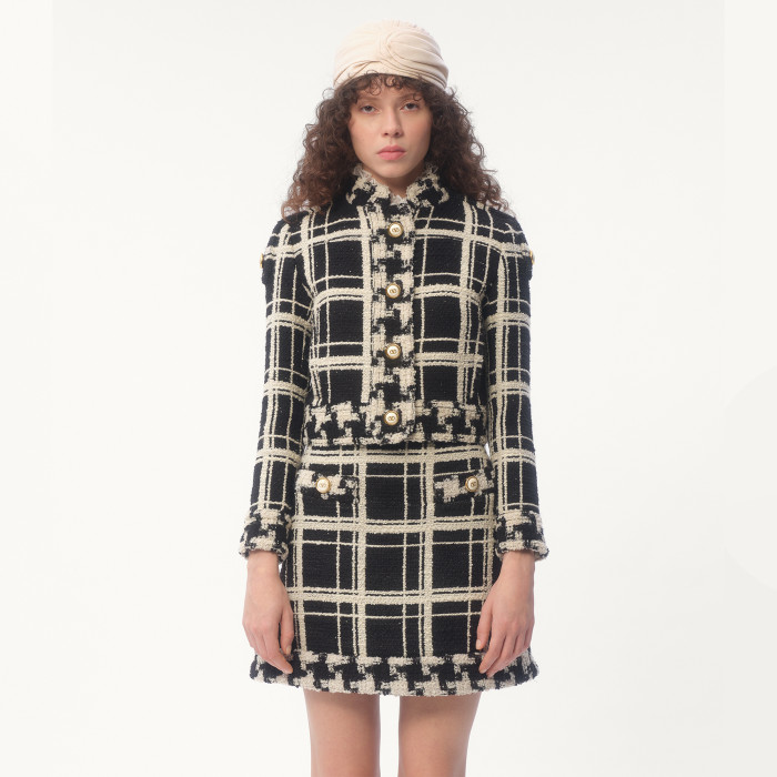NIGO Valentino Women's Oversized Chequered Tweed Gold Button Jacket Half Spring And Autumn Fashion Wool Kilim Vintage Jacket Short Skirt Suit Set #nigo71792