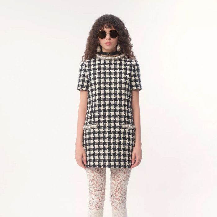 NIGO Valentino Women's Summer Embroidered Damir Light Tweed Rhinestone Round Neck Check Fitted Short Dresses Ngvp #nigo9733