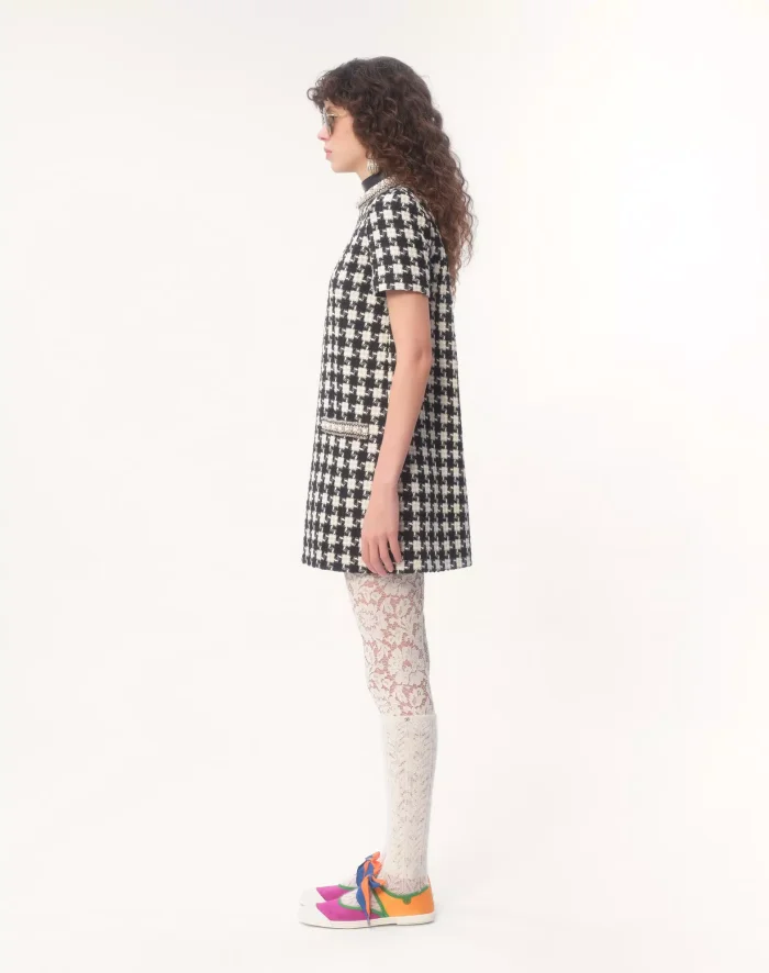 NIGO Valentino Women's Summer Embroidered Damir Light Tweed Rhinestone Round Neck Check Fitted Short Dresses Ngvp #nigo9733