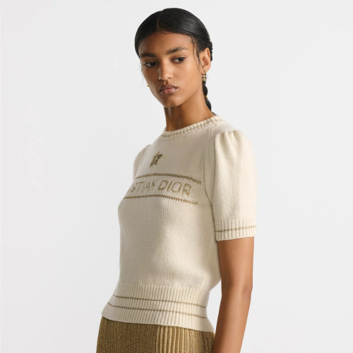 NIGO Dior Women's Summer White Logo Round Neck Cashmere Knit Short Sleeve T-Shirt #nigo74553