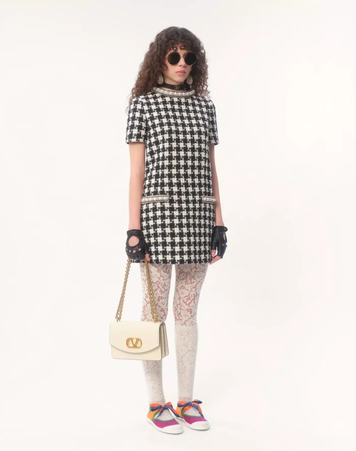 NIGO Valentino Women's Summer Embroidered Damir Light Tweed Rhinestone Round Neck Check Fitted Short Dresses Ngvp #nigo9733