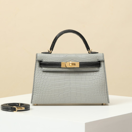 NIGO Hermes Solid Color Crocodile Leather Handbag Temperament Metal Buckle Kelly Bag Accessories #nigo74561
