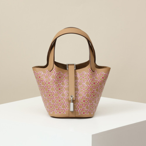 NIGO Hermes Picotin Women Silver Buckle Solid Color Flower Pattern Printed Calfskin Bucket Bag Tote Handbag Bags #nigo74558