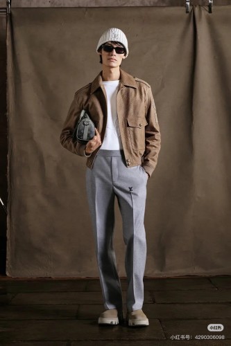 NIGO Louis Vuitton Men's Autumn and Winter Solid Color Lapel Twill Fabric Calfskin Long Sleeve Aviator Jacket #nigo74574