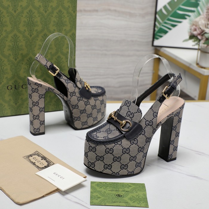 NIGO Gucci Women's Monogram Printed Solid Color Leather Buckle Round Toe Chunky High Heels Shoes #nigo74592