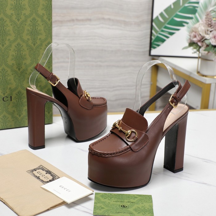NIGO Gucci Women's Monogram Printed Solid Color Leather Buckle Round Toe Chunky High Heels Shoes #nigo74592