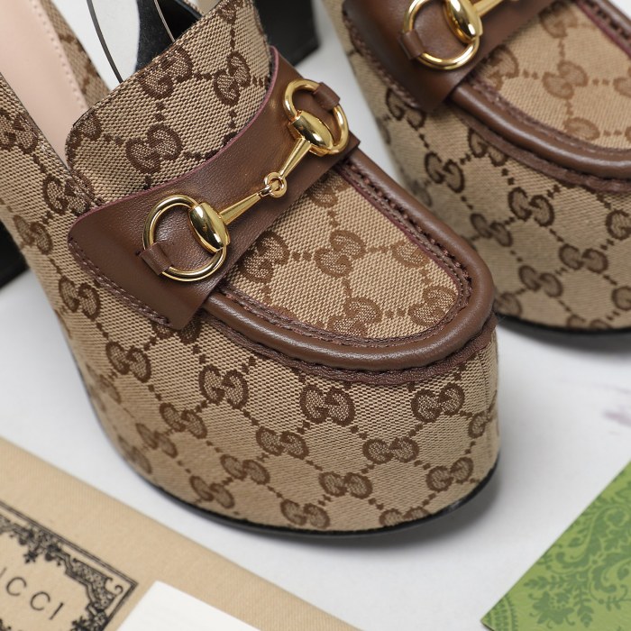 NIGO Gucci Women's Monogram Printed Solid Color Leather Buckle Round Toe Chunky High Heels Shoes #nigo74592