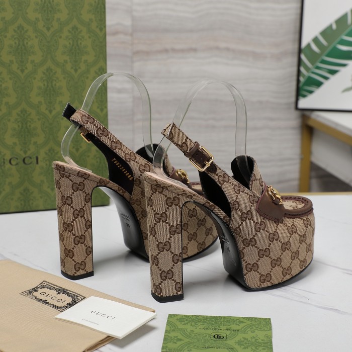 NIGO Gucci Women's Monogram Printed Solid Color Leather Buckle Round Toe Chunky High Heels Shoes #nigo74592