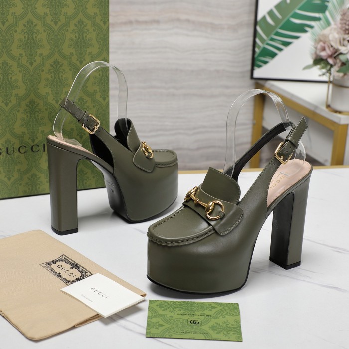 NIGO Gucci Women's Monogram Printed Solid Color Leather Buckle Round Toe Chunky High Heels Shoes #nigo74592