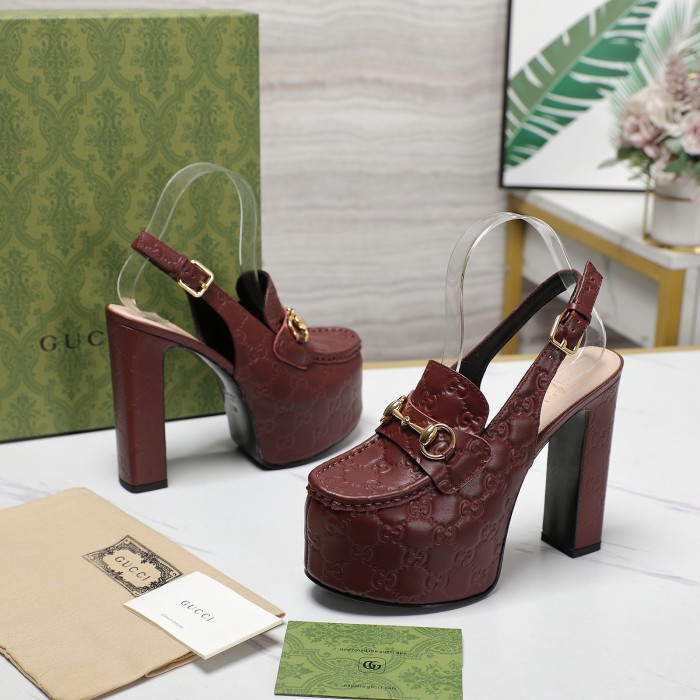 NIGO Gucci Women's Monogram Printed Solid Color Leather Buckle Round Toe Chunky High Heels Shoes #nigo74592