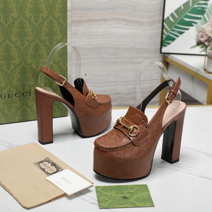 NIGO Gucci Women's Monogram Printed Solid Color Leather Buckle Round Toe Chunky High Heels Shoes #nigo74592