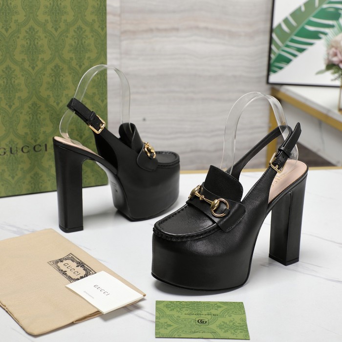 NIGO Gucci Women's Monogram Printed Solid Color Leather Buckle Round Toe Chunky High Heels Shoes #nigo74592