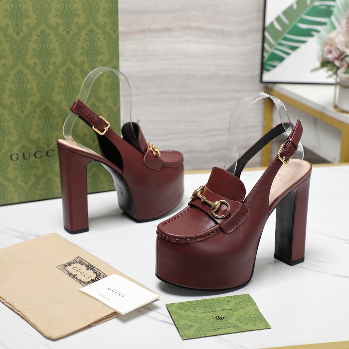 NIGO Gucci Women's Monogram Printed Solid Color Leather Buckle Round Toe Chunky High Heels Shoes #nigo74592