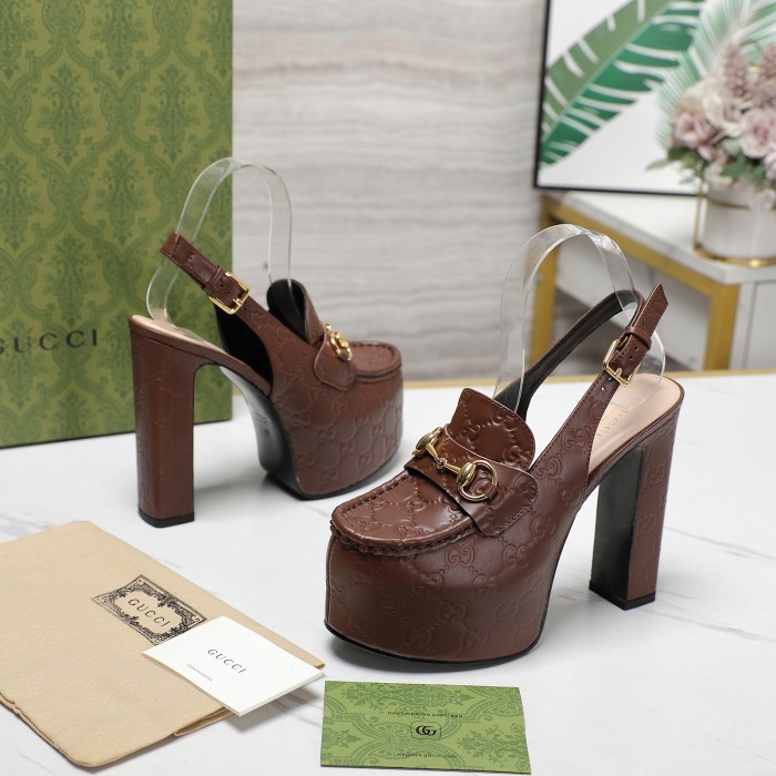 NIGO Gucci Women's Monogram Printed Solid Color Leather Buckle Round Toe Chunky High Heels Shoes #nigo74592