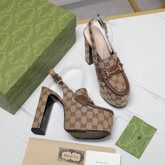 NIGO Gucci Women's Monogram Printed Solid Color Leather Buckle Round Toe Chunky High Heels Shoes #nigo74592