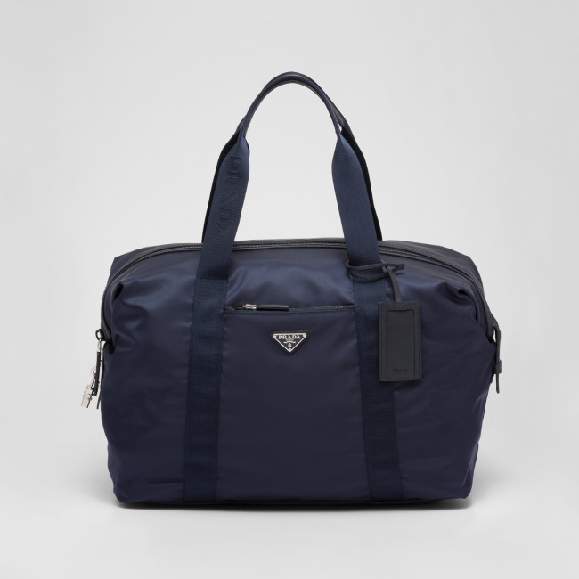 NIGO Prada Men's Blue Zipper Closure Solid Color Enameled Metal Triangle Logo Fabric Quilted Leather Tote Travel Bag Bags #nigo74598