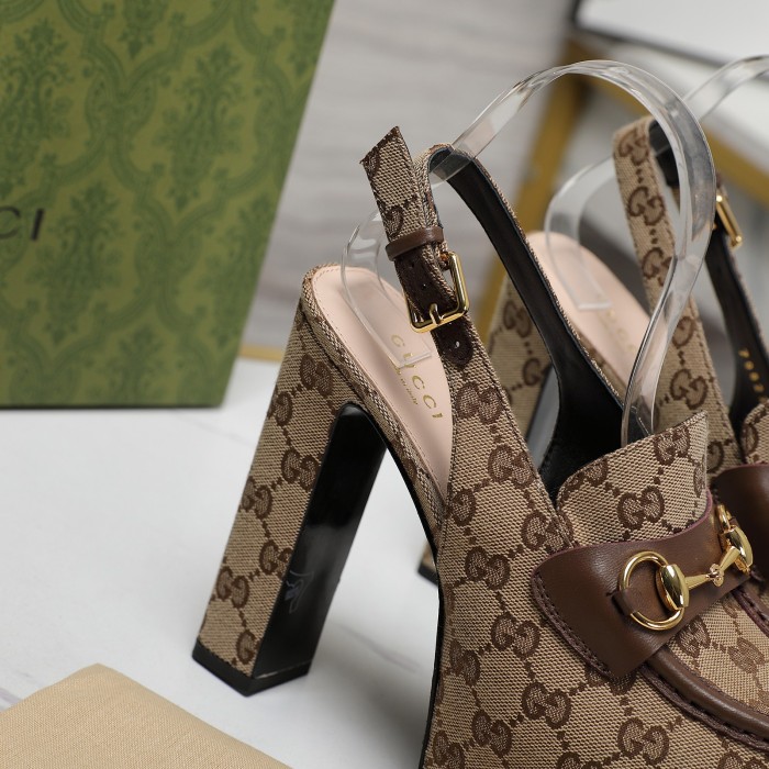 NIGO Gucci Women's Monogram Printed Solid Color Leather Buckle Round Toe Chunky High Heels Shoes #nigo74592