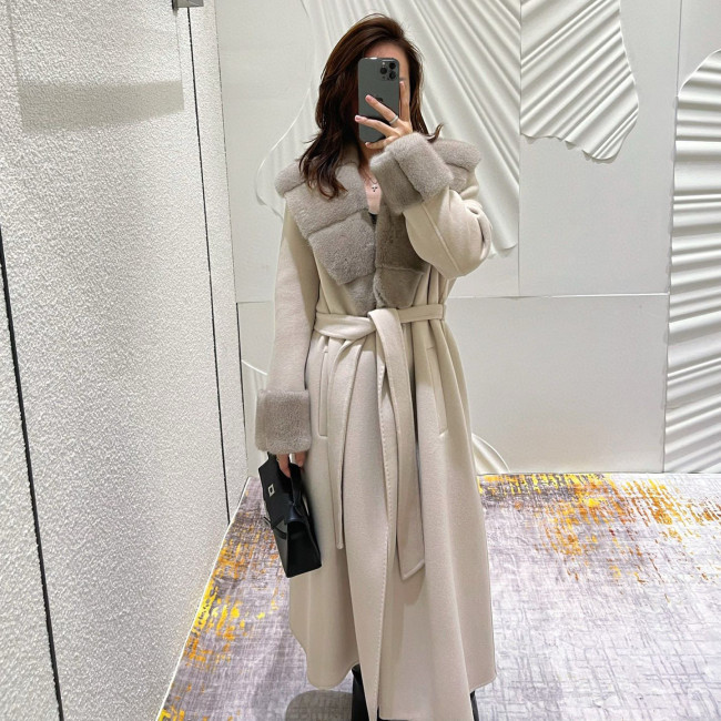 NIGO Loro Piana Women's Fall And Winter Solid Color Mink Shawl Collar Wool Fabric Drawstring Long Coat Jacket #nigo74642