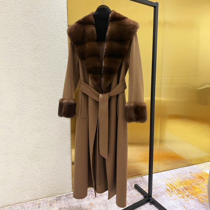 NIGO Loro Piana Women's Fall And Winter Solid Color Mink Shawl Collar Wool Fabric Drawstring Long Coat Jacket #nigo74642