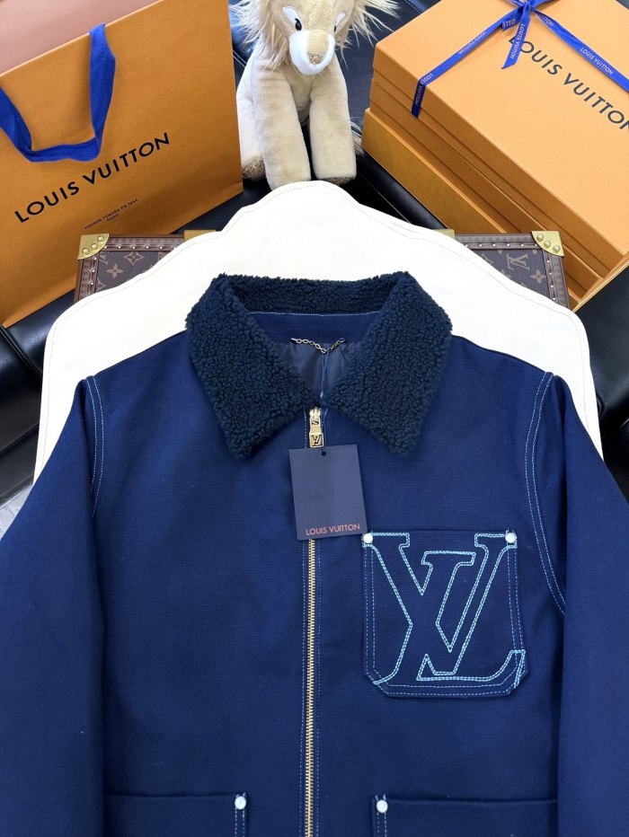 NIGO Louis Vuitton Men's Autumn and Winter Solid Color Lamb's wool Embroidered Logo Printed Zipper Closure Splicing Lapel Long Sleeve Jacket #nigo74693