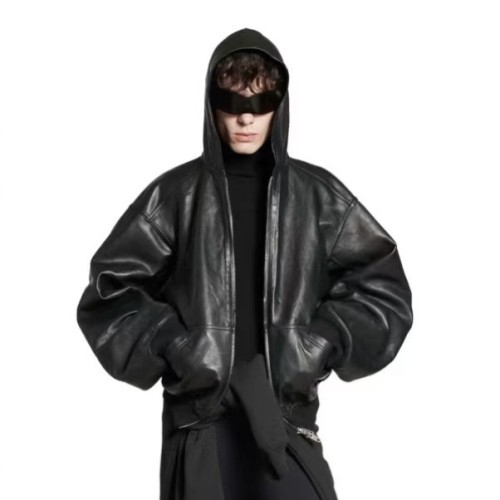 NIGO Balenciaga Men's Women's Autumn And Winter Loose Contour Hooded Leather Jacket Zip High Street Hip Hop Biker Style Jacket Ngvp #nigo9784