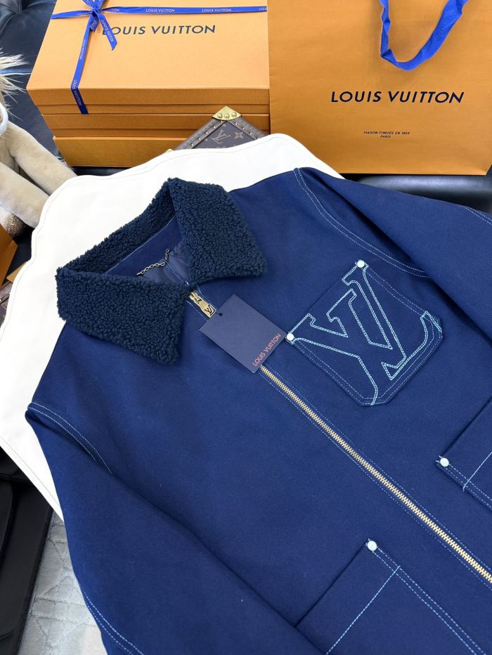 NIGO Louis Vuitton Men's Autumn and Winter Solid Color Lamb's wool Embroidered Logo Printed Zipper Closure Splicing Lapel Long Sleeve Jacket #nigo74693