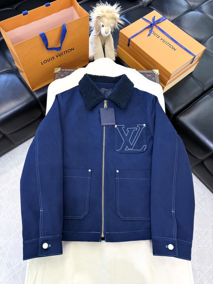 NIGO Louis Vuitton Men's Autumn and Winter Solid Color Lamb's wool Embroidered Logo Printed Zipper Closure Splicing Lapel Long Sleeve Jacket #nigo74693