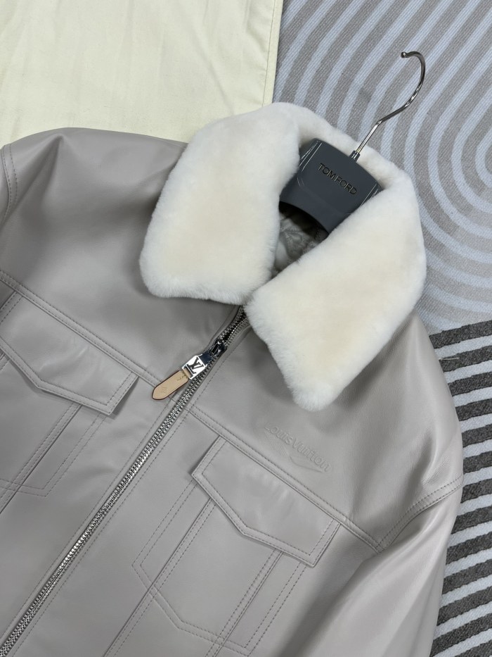 NIGO Louis Vuitton Men's Autumn and Winter Solid Color Fur Collar Sheepskin Zipper Long Sleeve Jacket #nigo74719