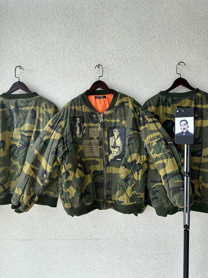 NIGO Raf Simons Men's Fall And Winter Bomber Camouflage Patch Ma1 Aviator Jacket Zipper Long Sleeve Cotton Jacket #nigo74728