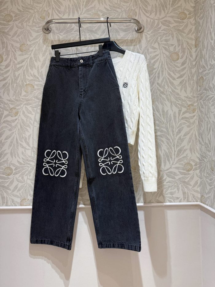 NIGO Loewe Women's Spring and Autumn Logo Print Black Low Rise Zipper Loose Jeans Pants #nigo74754