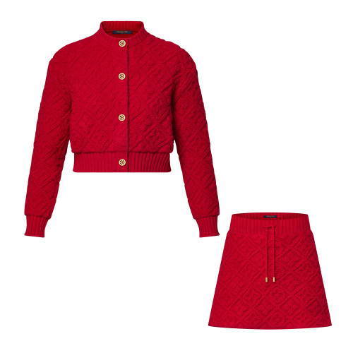 NIGO Louis Vuitton Women's Spring And Autumn Solid Color Single Breasted Ribbed Round Neck Long Sleeved Single-breasted Wool Cardigan Jacket Sweater Drawstring Mid Waist Casual Skirt Suit Set #nigo74753