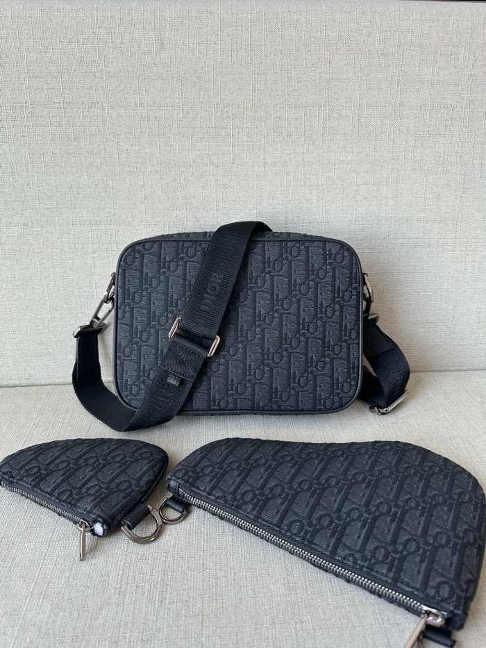NIGO Dior Men's Black Embossed Pattern Magnetic Flap Leather Quilted Canvas Crossbody Saddle Bag Set of 3 #nigo74786
