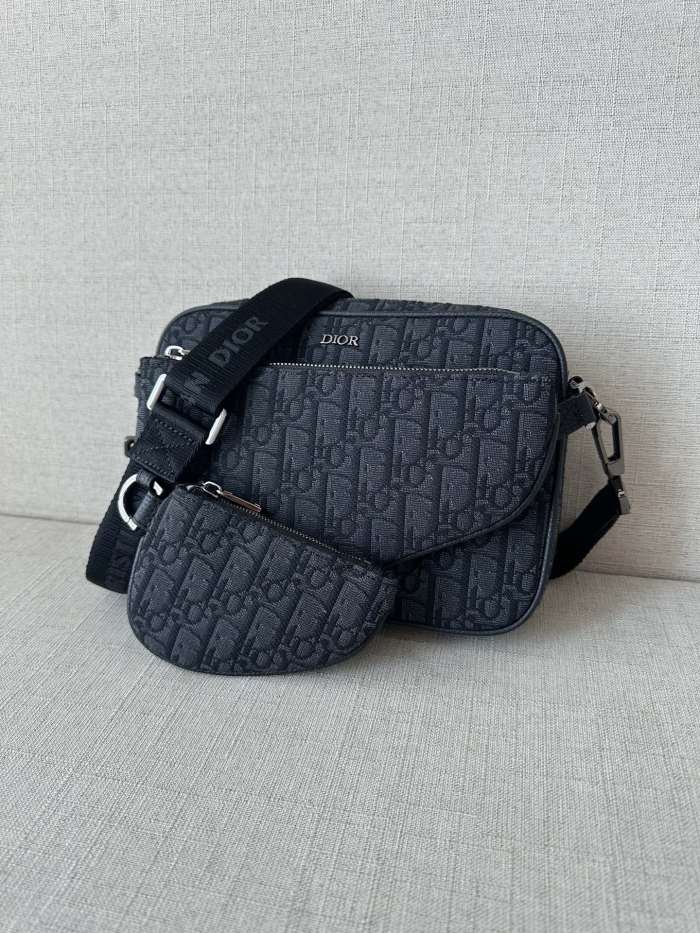 NIGO Dior Men's Black Embossed Pattern Magnetic Flap Leather Quilted Canvas Crossbody Saddle Bag Set of 3 #nigo74786