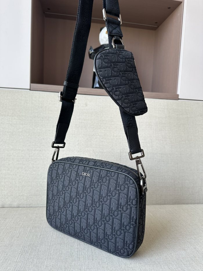 NIGO Dior Men's Black Embossed Pattern Magnetic Flap Leather Quilted Canvas Crossbody Saddle Bag Set of 3 #nigo74786